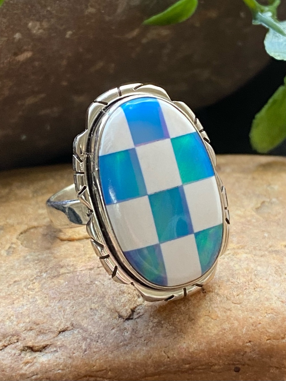 R31 Aurora Opal Checkerboard Sterling Southwestern Vintage Style Ring | Size 6